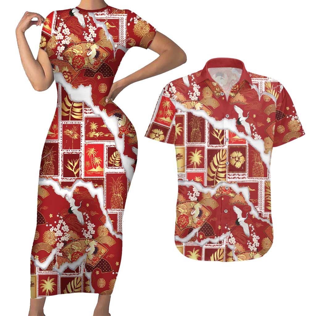 Hawaii Japanese Culture Red Couples Matching Short Sleeve Bodycon Dress and Hawaiian Shirt Spring Cranes Aloha Pattern LT01 Red - Polynesian Pride