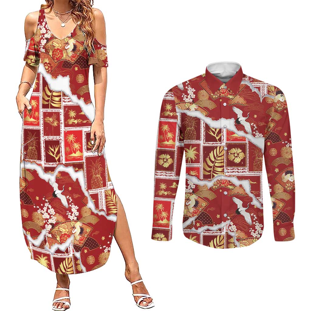 Hawaii Japanese Culture Red Couples Matching Summer Maxi Dress and Long Sleeve Button Shirt Spring Cranes Aloha Pattern LT01 Red - Polynesian Pride
