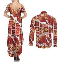Hawaii Japanese Culture Red Couples Matching Summer Maxi Dress and Long Sleeve Button Shirt Spring Cranes Aloha Pattern LT01 - Polynesian Pride