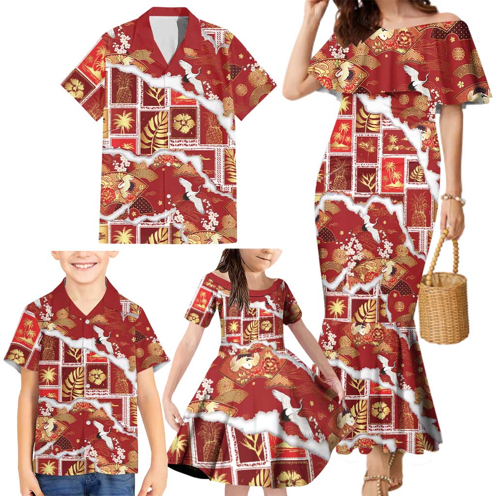 Hawaii Japanese Culture Red Family Matching Mermaid Dress and Hawaiian Shirt Spring Cranes Aloha Pattern LT01 - Polynesian Pride