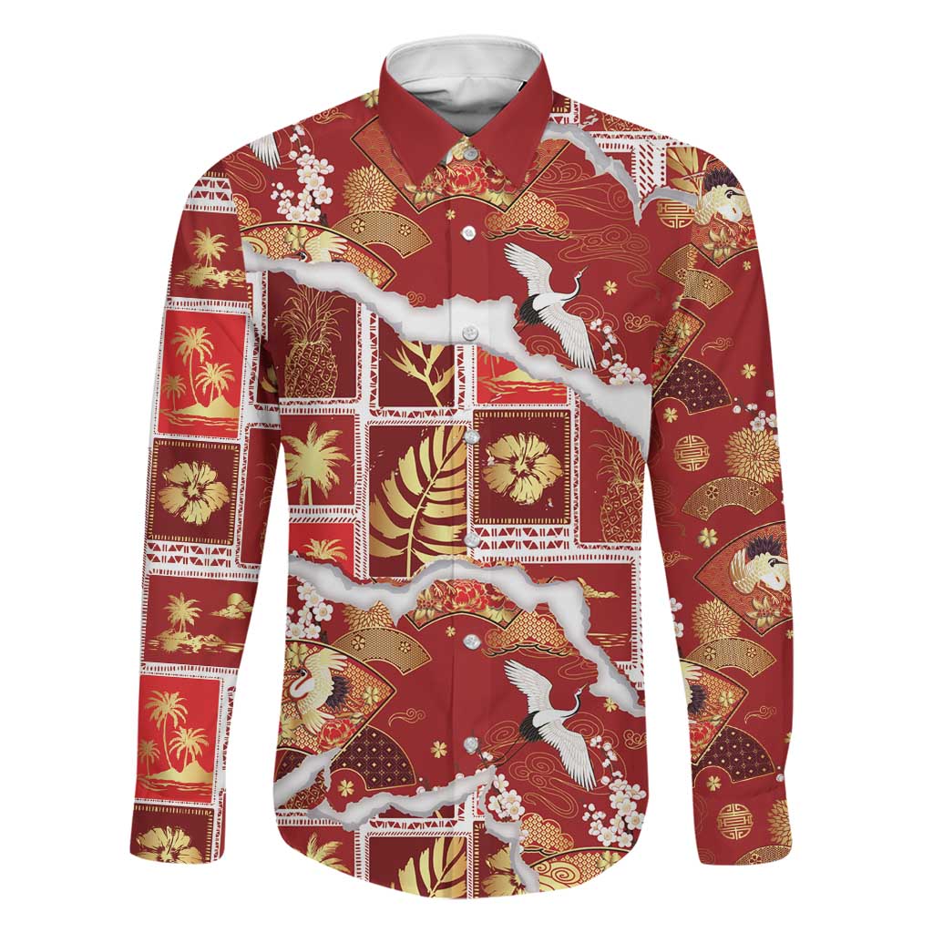 Hawaii Japanese Culture Red Family Matching Mermaid Dress and Hawaiian Shirt Spring Cranes Aloha Pattern LT01 Dad's Shirt - Long Sleeve Red - Polynesian Pride