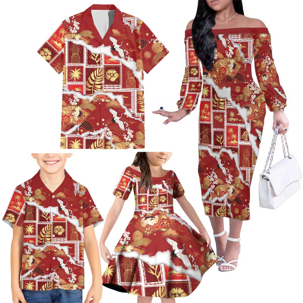 Hawaii Japanese Culture Red Family Matching Off The Shoulder Long Sleeve Dress and Hawaiian Shirt Spring Cranes Aloha Pattern LT01 - Polynesian Pride