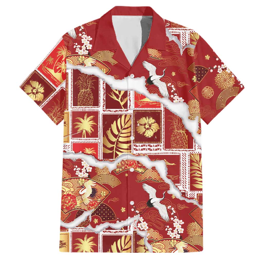 Hawaii Japanese Culture Red Family Matching Off The Shoulder Long Sleeve Dress and Hawaiian Shirt Spring Cranes Aloha Pattern LT01 Dad's Shirt - Short Sleeve Red - Polynesian Pride