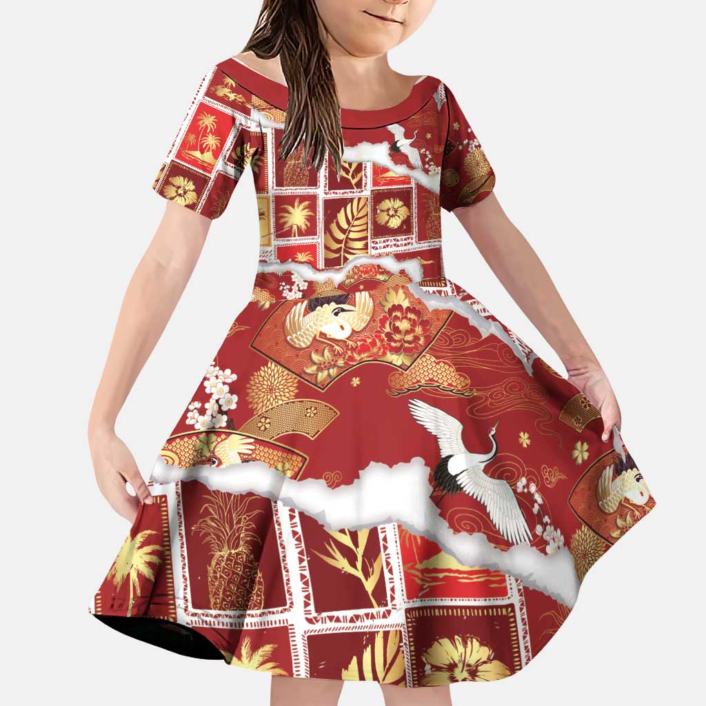 Hawaii Japanese Culture Red Family Matching Off Shoulder Maxi Dress and Hawaiian Shirt Spring Cranes Aloha Pattern LT01 Daughter's Dress Red - Polynesian Pride
