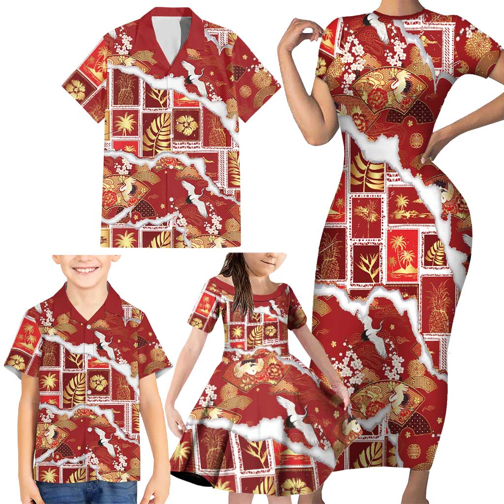 Hawaii Japanese Culture Red Family Matching Short Sleeve Bodycon Dress and Hawaiian Shirt Spring Cranes Aloha Pattern LT01 - Polynesian Pride