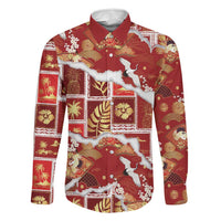 Hawaii Japanese Culture Red Family Matching Short Sleeve Bodycon Dress and Hawaiian Shirt Spring Cranes Aloha Pattern LT01 Dad's Shirt - Long Sleeve Red - Polynesian Pride
