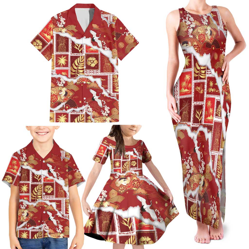 Hawaii Japanese Culture Red Family Matching Tank Maxi Dress and Hawaiian Shirt Spring Cranes Aloha Pattern LT01 - Polynesian Pride