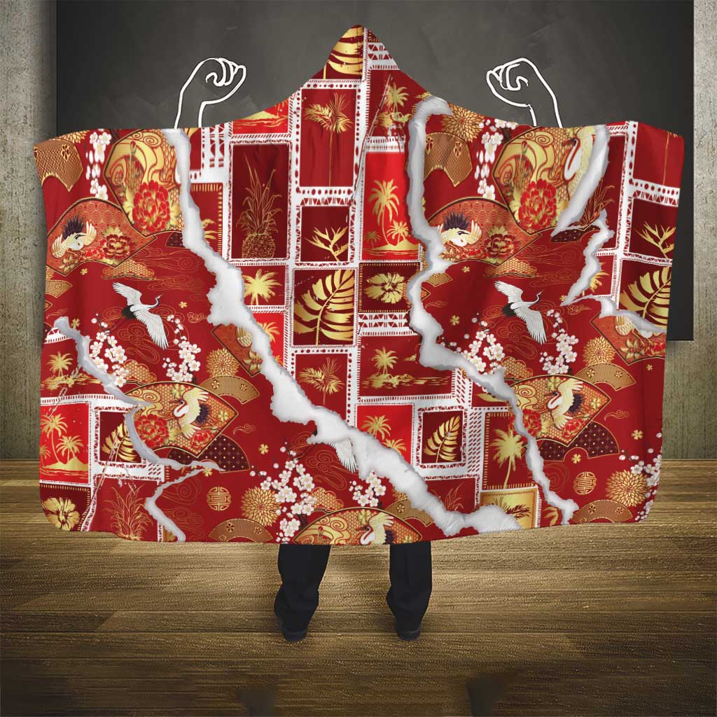 Hawaii Japanese Culture Red Hooded Blanket Spring Cranes Aloha Pattern LT01 - Polynesian Pride