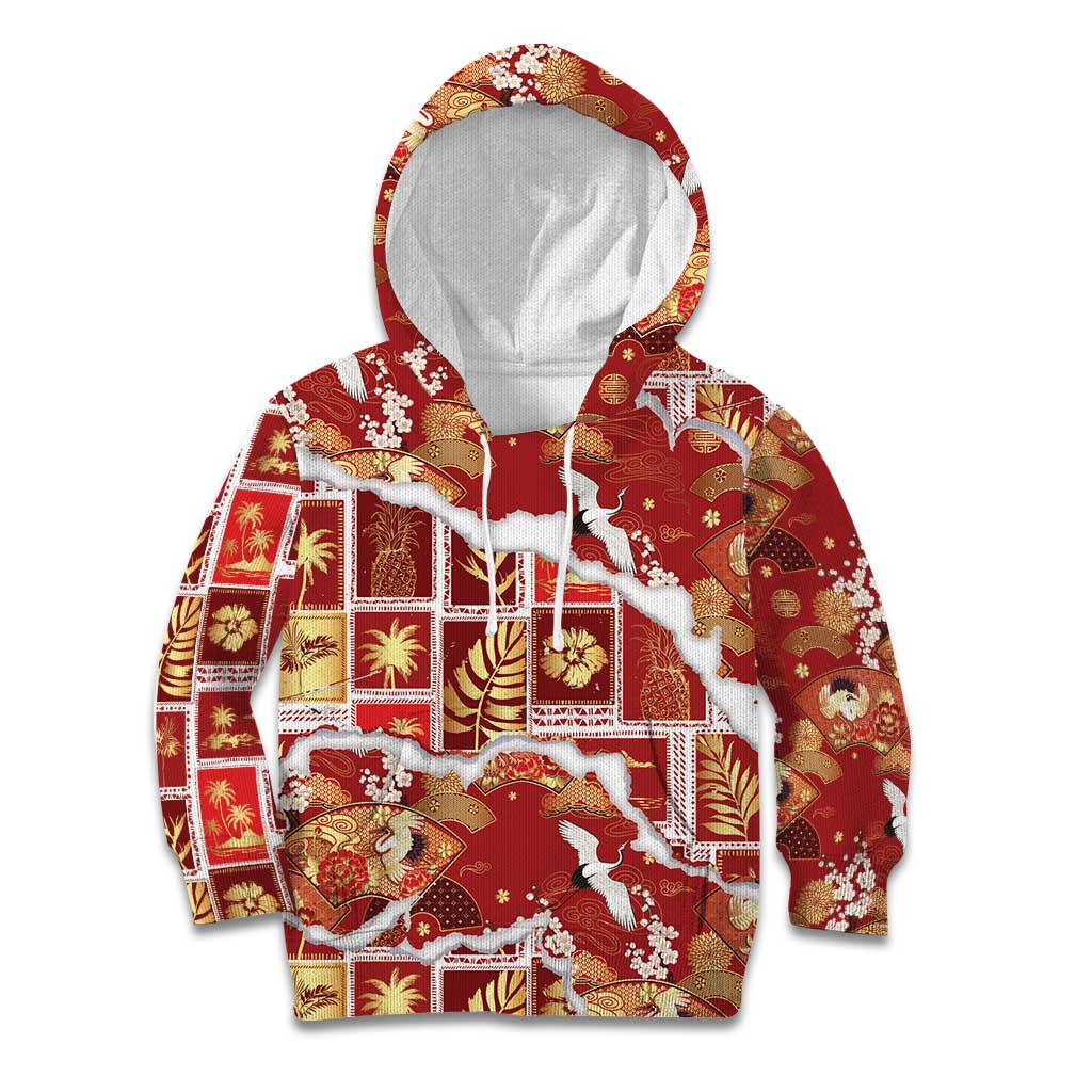 Hawaii Japanese Culture Red Kid Hoodie Spring Cranes Aloha Pattern