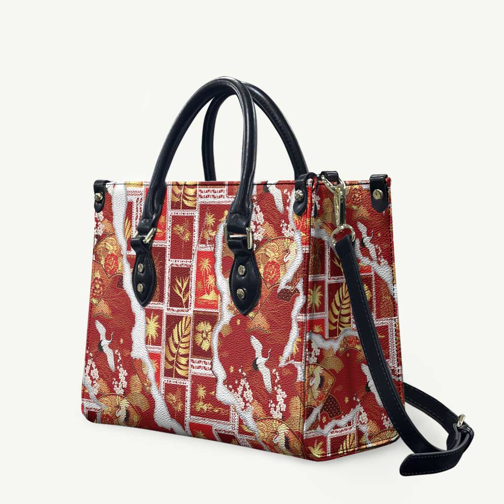 Hawaii Japanese Culture Red Leather Bag Spring Cranes Aloha Pattern
