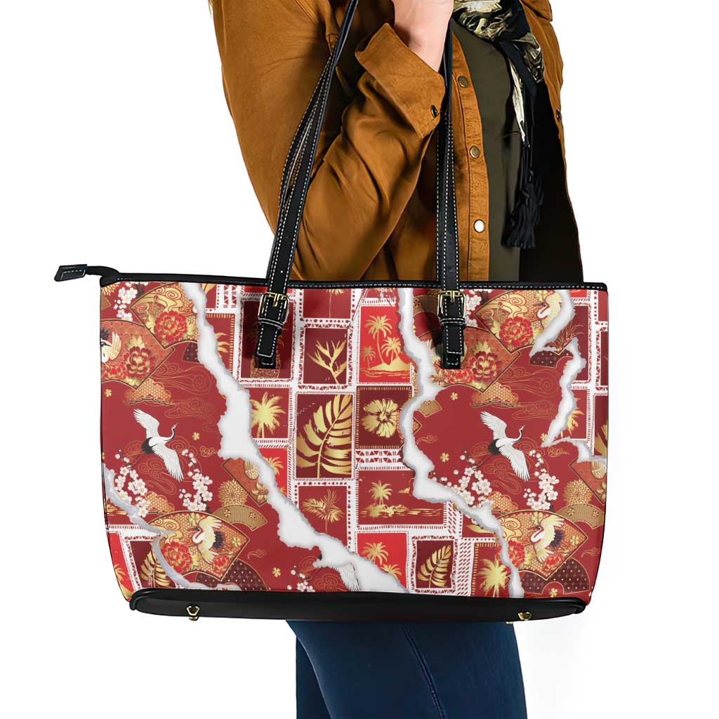 Hawaii Japanese Culture Red Leather Tote Bag Spring Cranes Aloha Pattern LT01 - Polynesian Pride