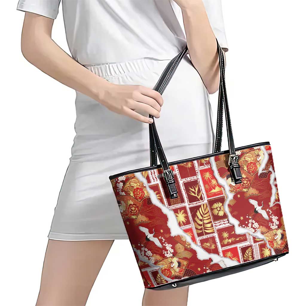 Hawaii Japanese Culture Red Leather Tote Bag Spring Cranes Aloha Pattern LT01 - Polynesian Pride