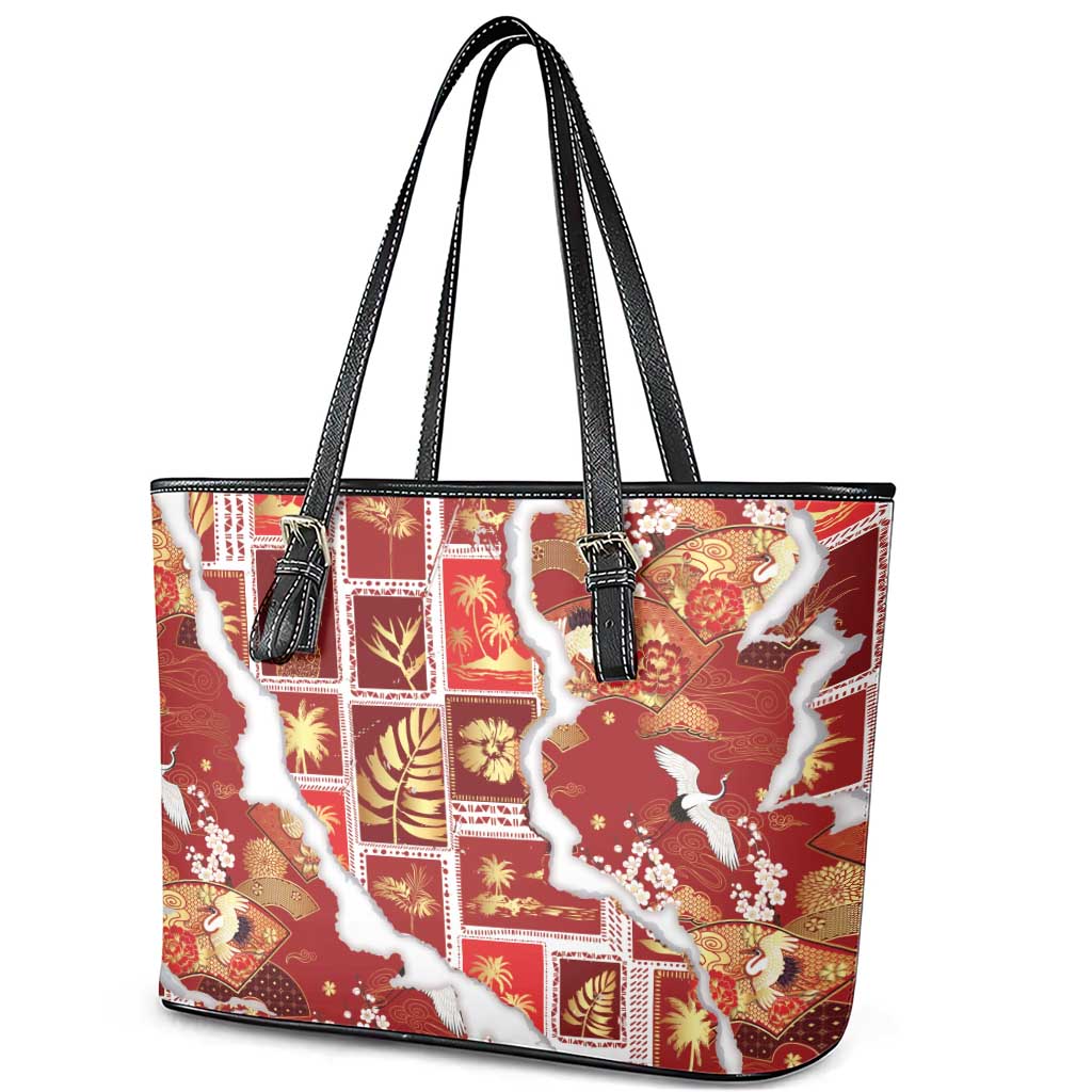 Hawaii Japanese Culture Red Leather Tote Bag Spring Cranes Aloha Pattern LT01 - Polynesian Pride