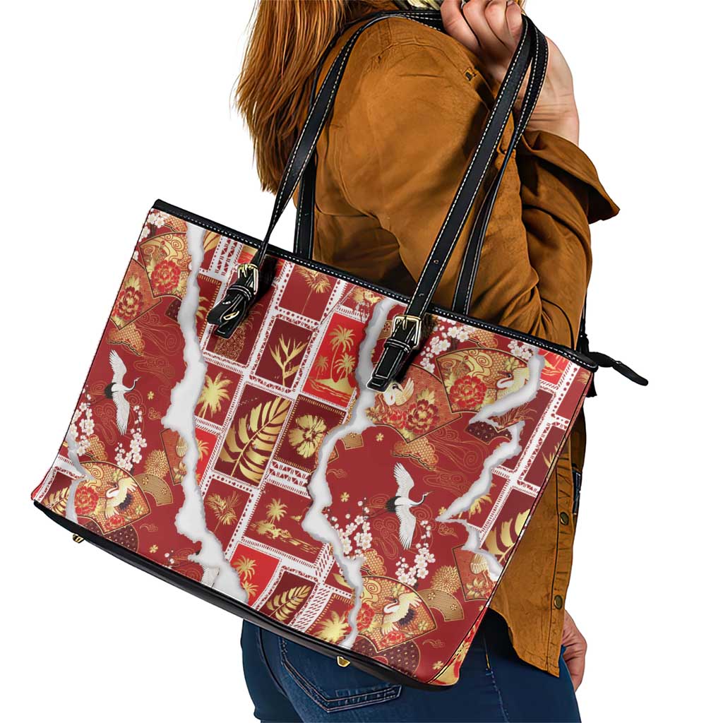 Hawaii Japanese Culture Red Leather Tote Bag Spring Cranes Aloha Pattern LT01 - Polynesian Pride