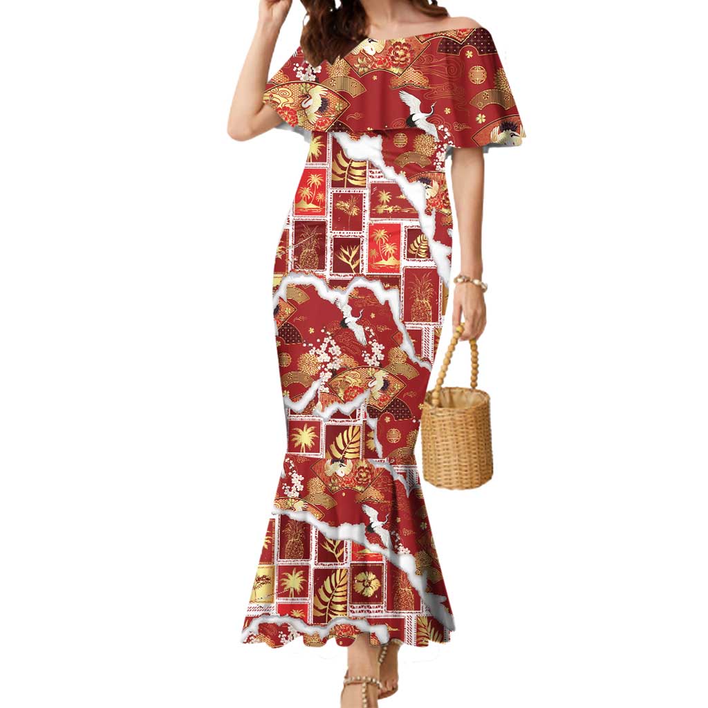 Hawaii Japanese Culture Red Mermaid Dress Spring Cranes Aloha Pattern LT01 Women Red - Polynesian Pride