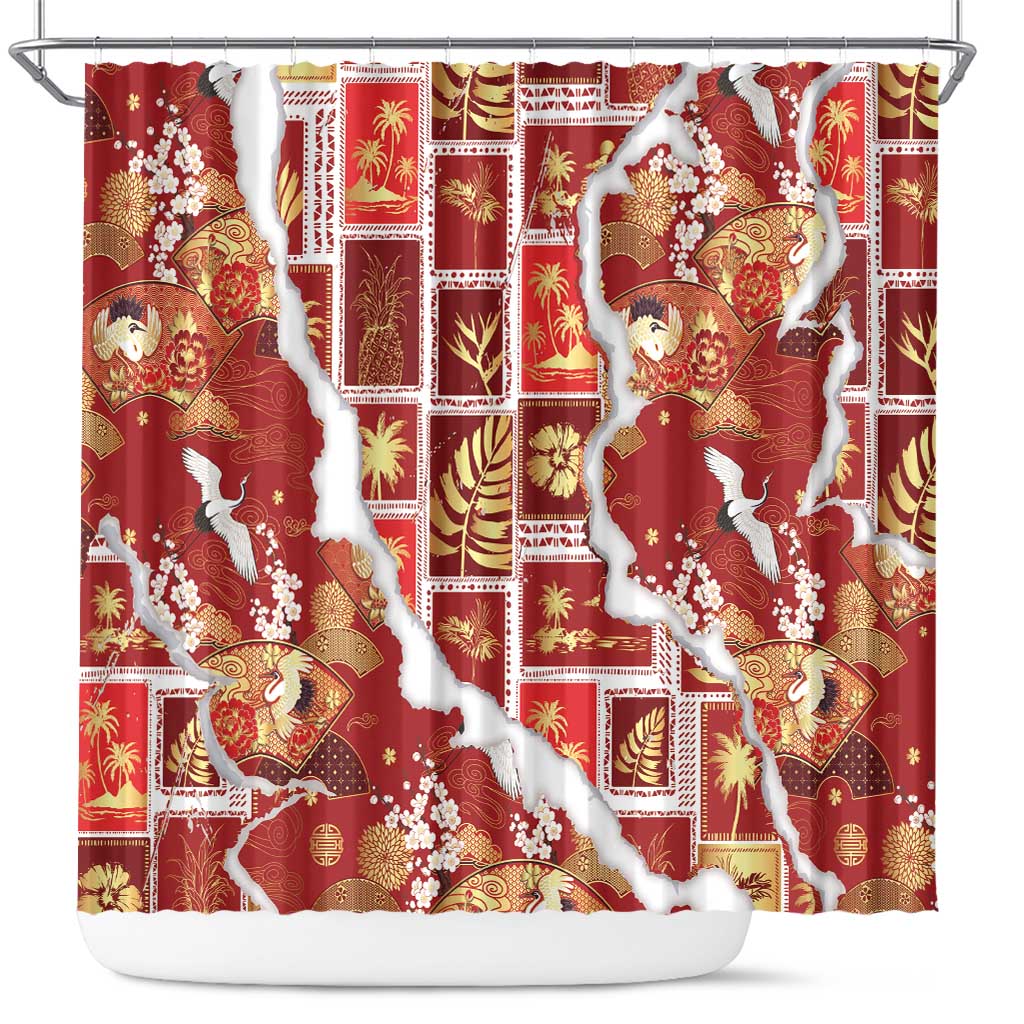 Hawaii Japanese Culture Red Shower Curtain Spring Cranes Aloha Pattern