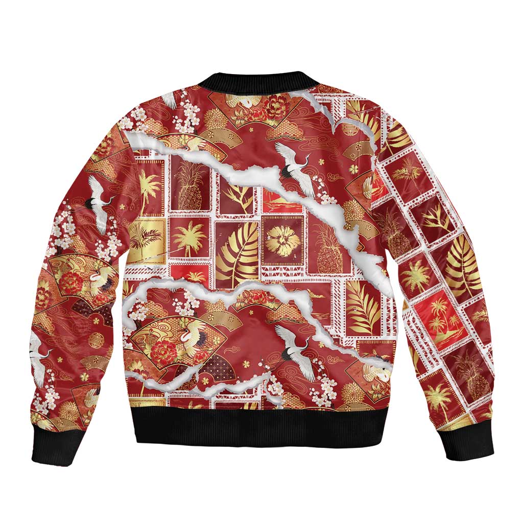 Hawaii Japanese Culture Red Sleeve Zip Bomber Jacket Spring Cranes Aloha Pattern LT01 - Polynesian Pride