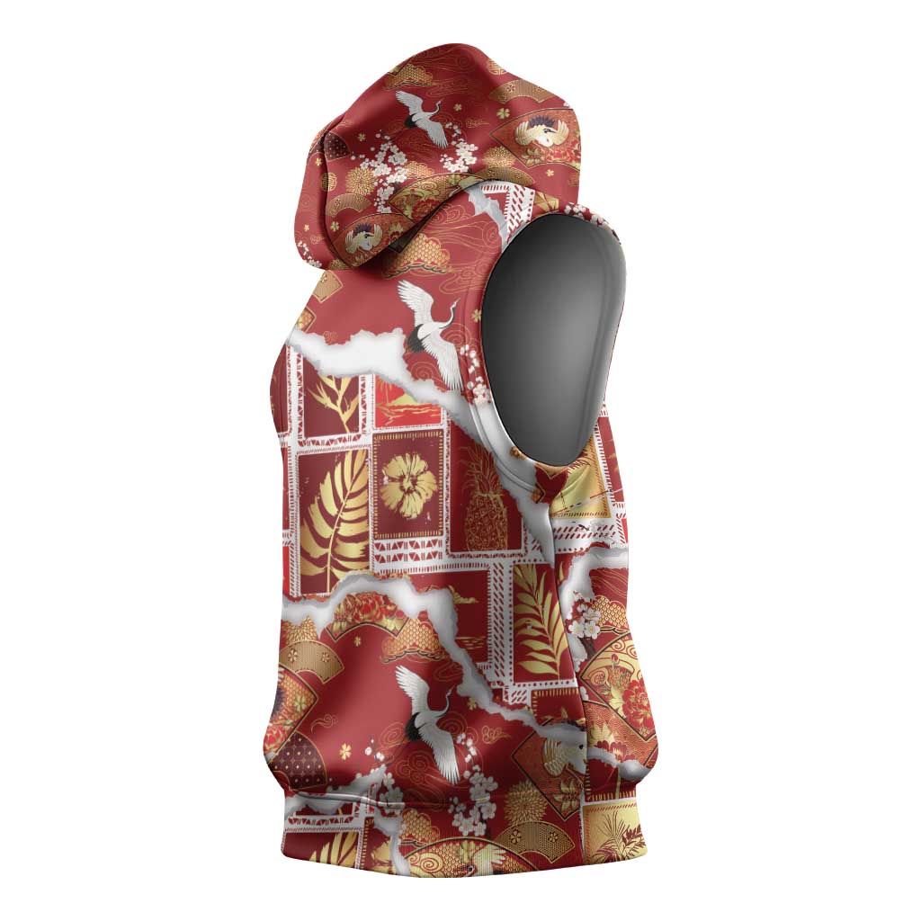 Hawaii Japanese Culture Red Sleeveless Hoodie Spring Cranes Aloha Pattern LT01 - Polynesian Pride