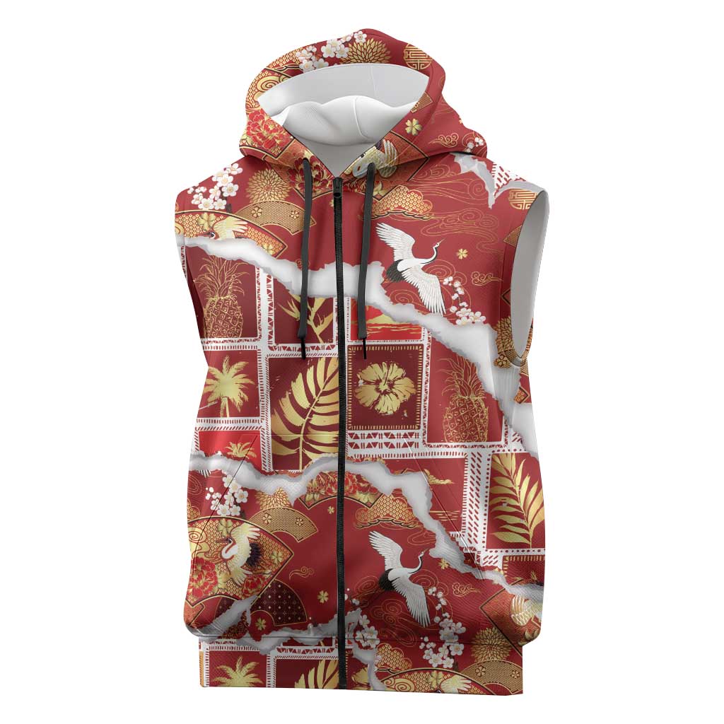 Hawaii Japanese Culture Red Sleeveless Zip Hoodie Spring Cranes Aloha Pattern LT01 Red - Polynesian Pride
