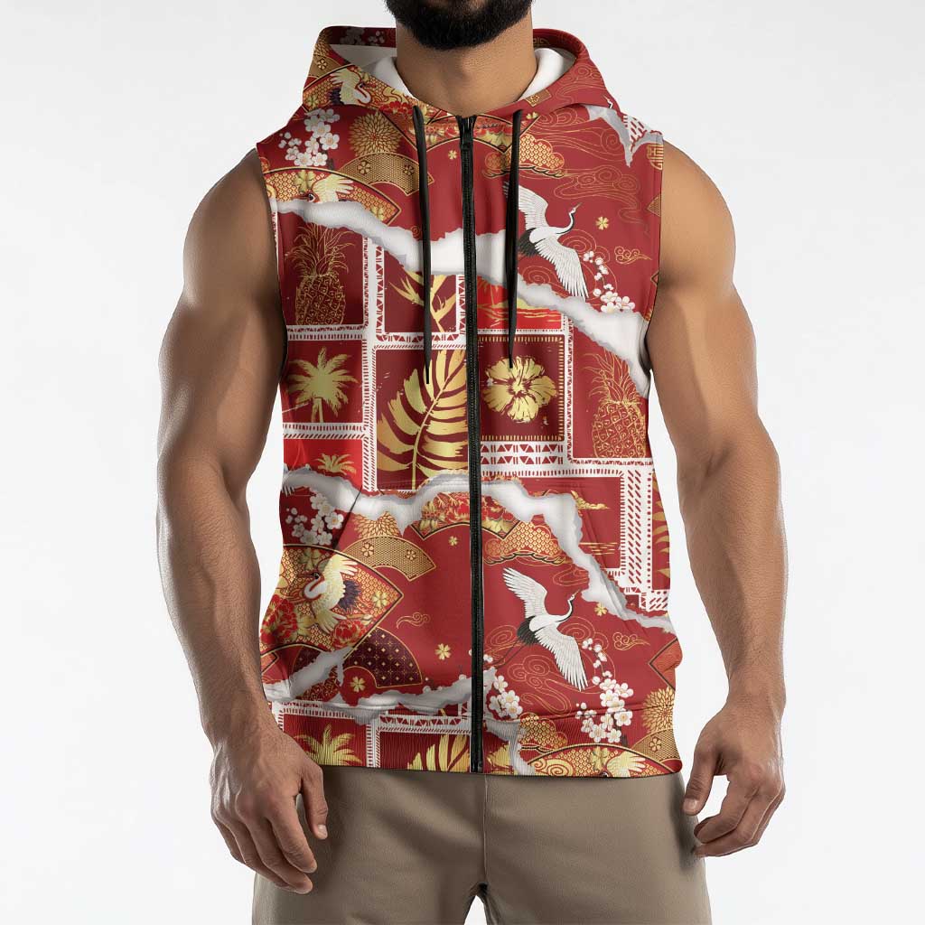 Hawaii Japanese Culture Red Sleeveless Zip Hoodie Spring Cranes Aloha Pattern LT01 - Polynesian Pride