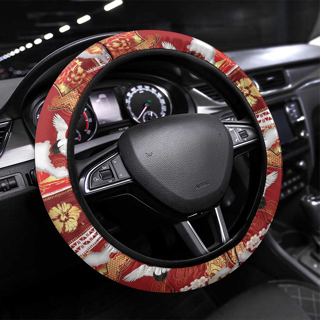 Hawaii Japanese Culture Red Steering Wheel Cover Spring Cranes Aloha Pattern