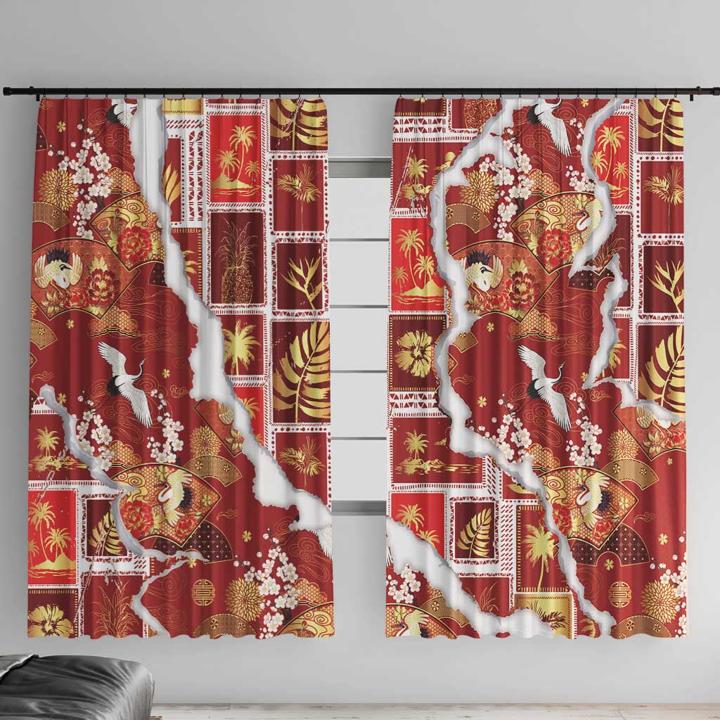 Hawaii Japanese Culture Red Window Curtain Spring Cranes Aloha Pattern