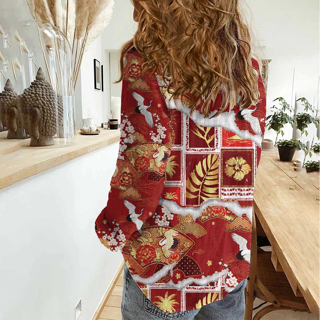 Hawaii Japanese Culture Red Women Casual Shirt Spring Cranes Aloha Pattern LT01 - Polynesian Pride