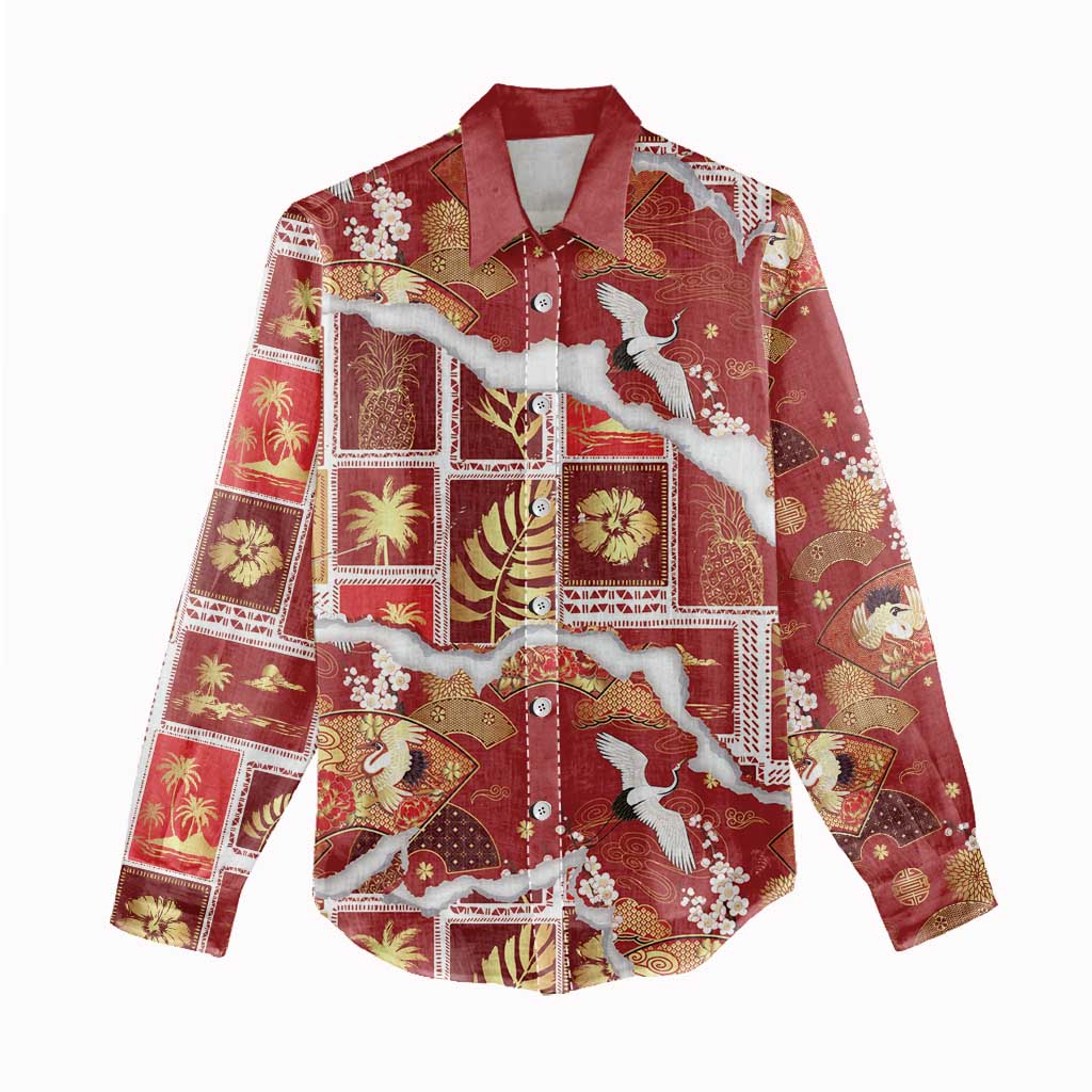 Hawaii Japanese Culture Red Women Casual Shirt Spring Cranes Aloha Pattern LT01 - Polynesian Pride