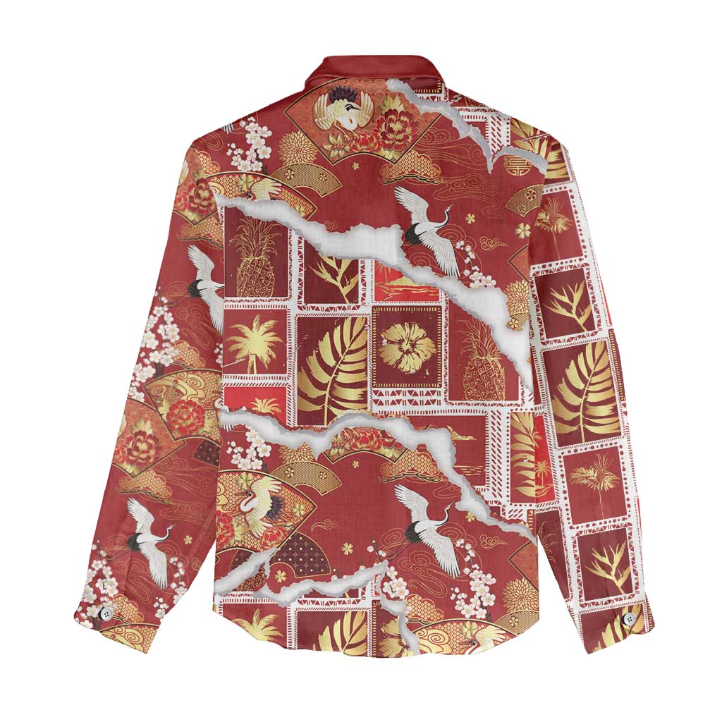 Hawaii Japanese Culture Red Women Casual Shirt Spring Cranes Aloha Pattern LT01 - Polynesian Pride
