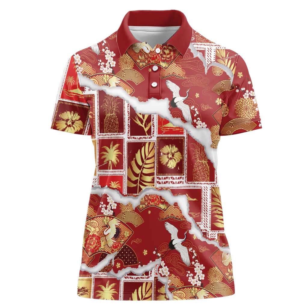 Hawaii Japanese Culture Red Women Polo Shirt Spring Cranes Aloha Pattern LT01 Female Red - Polynesian Pride