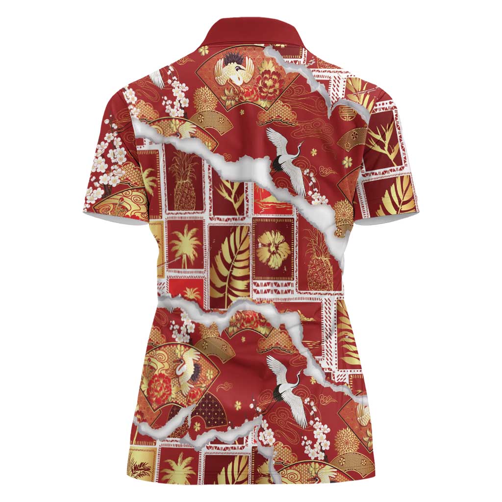 Hawaii Japanese Culture Red Women Polo Shirt Spring Cranes Aloha Pattern LT01 - Polynesian Pride