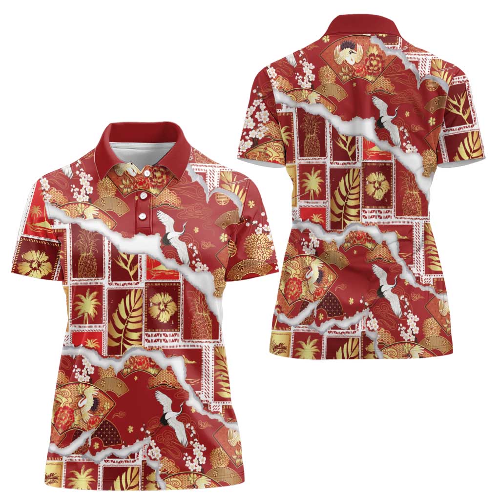 Hawaii Japanese Culture Red Women Polo Shirt Spring Cranes Aloha Pattern LT01 - Polynesian Pride