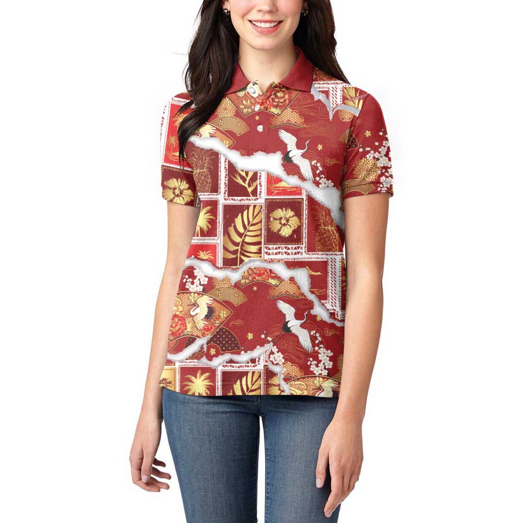 Hawaii Japanese Culture Red Women Polo Shirt Spring Cranes Aloha Pattern LT01 - Polynesian Pride
