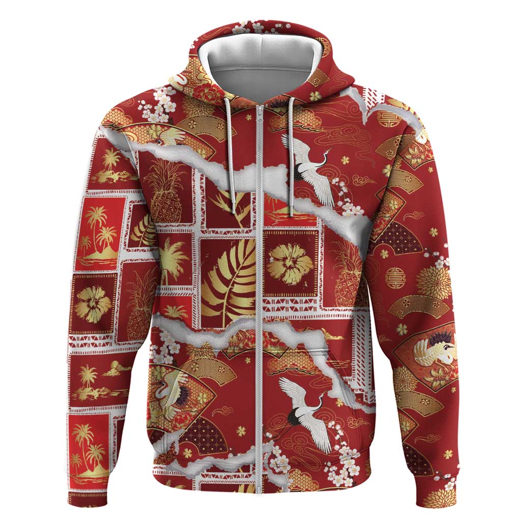 Hawaii Japanese Culture Red Zip Hoodie Spring Cranes Aloha Pattern LT01 Zip Hoodie Red - Polynesian Pride