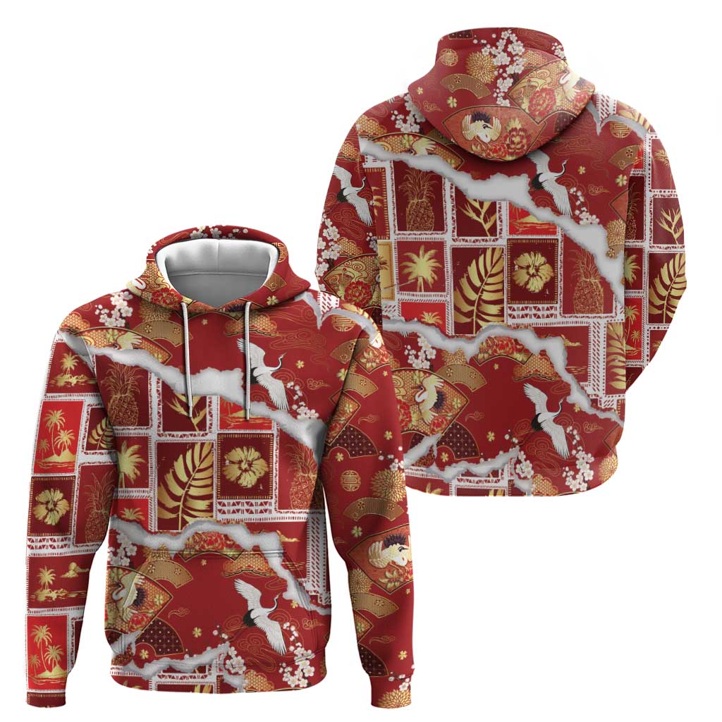 Hawaii Japanese Culture Red Zip Hoodie Spring Cranes Aloha Pattern LT01 - Polynesian Pride