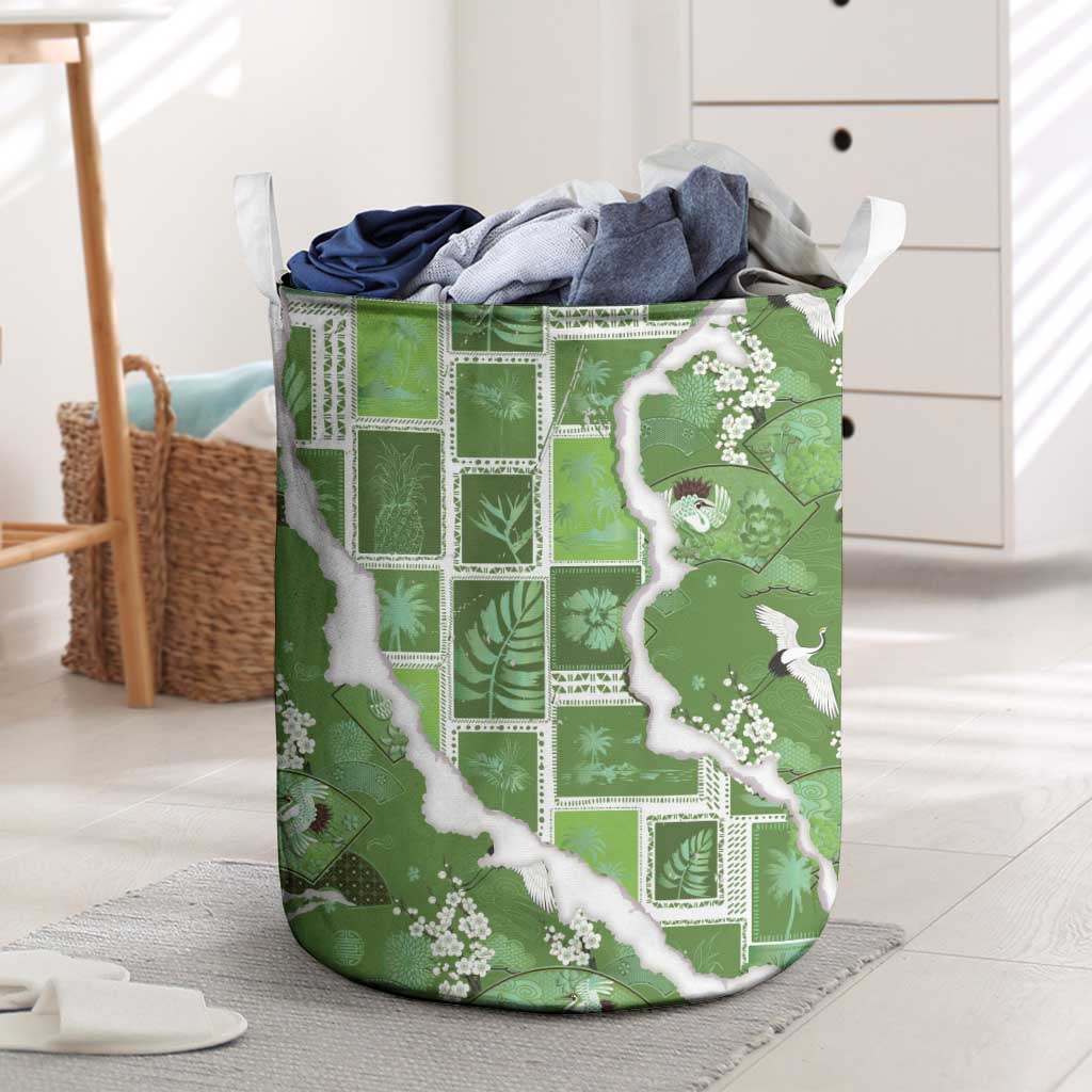 Hawaii Japanese Culture Sage Green Laundry Basket Spring Cranes Aloha Pattern