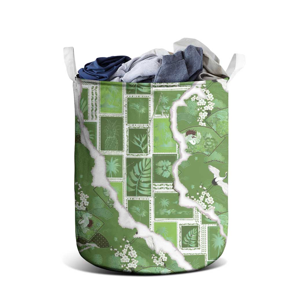 Hawaii Japanese Culture Sage Green Laundry Basket Spring Cranes Aloha Pattern