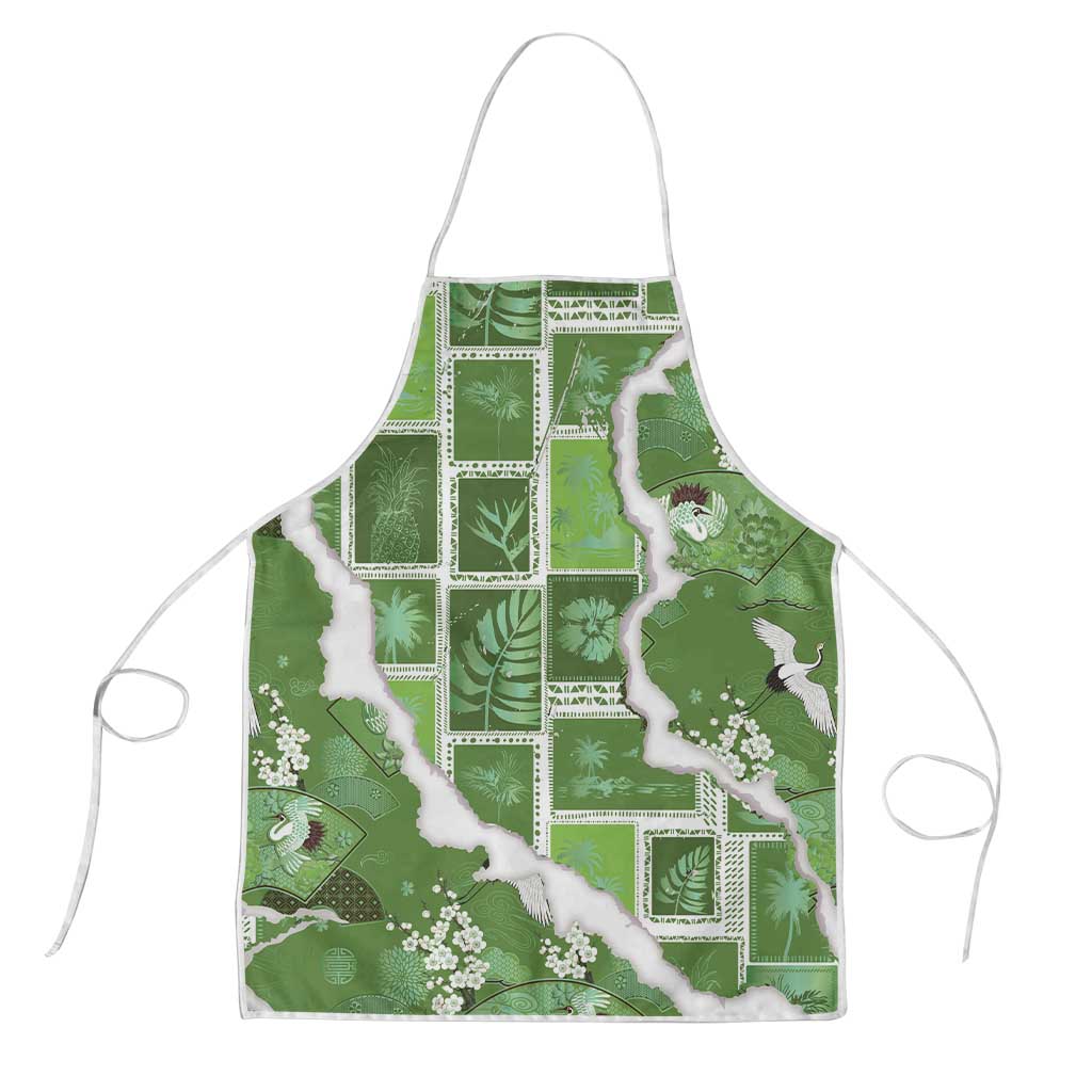 Hawaii Japanese Culture Sage Green Apron Spring Cranes Aloha Pattern