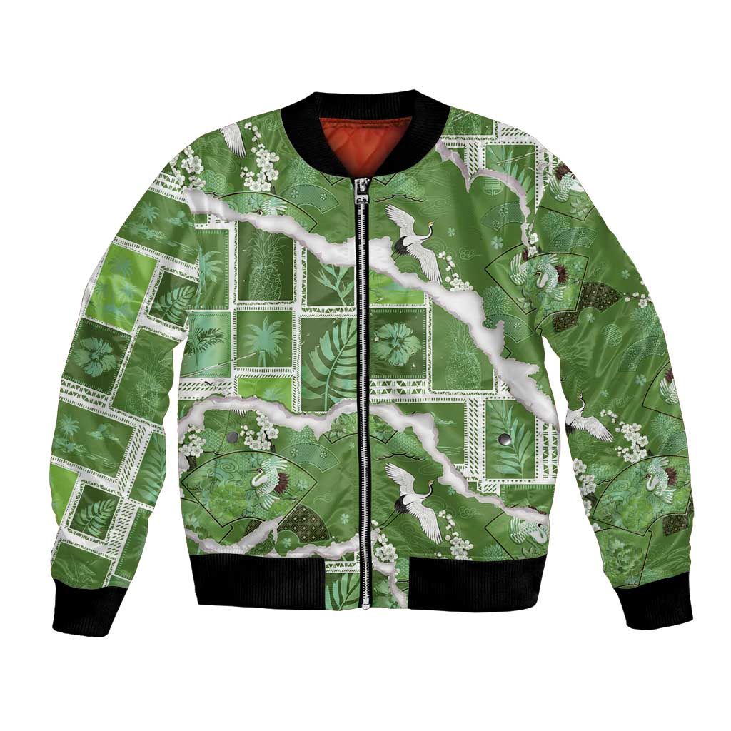 Hawaii Japanese Culture Sage Green Bomber Jacket Spring Cranes Aloha Pattern