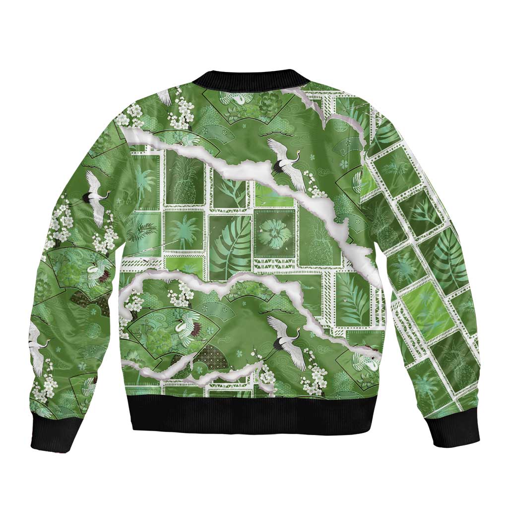 Hawaii Japanese Culture Sage Green Bomber Jacket Spring Cranes Aloha Pattern