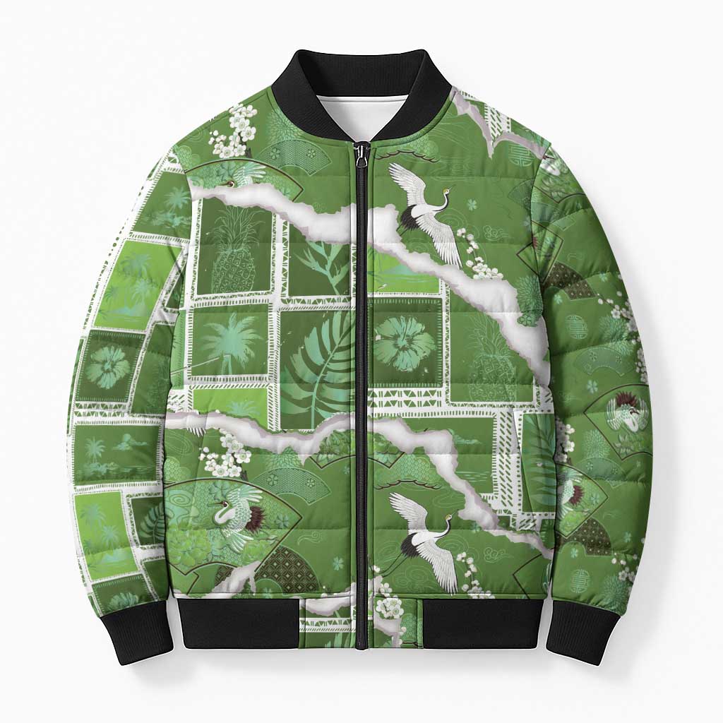 Hawaii Japanese Culture Sage Green Bomber Puffer Jacket Spring Cranes Aloha Pattern