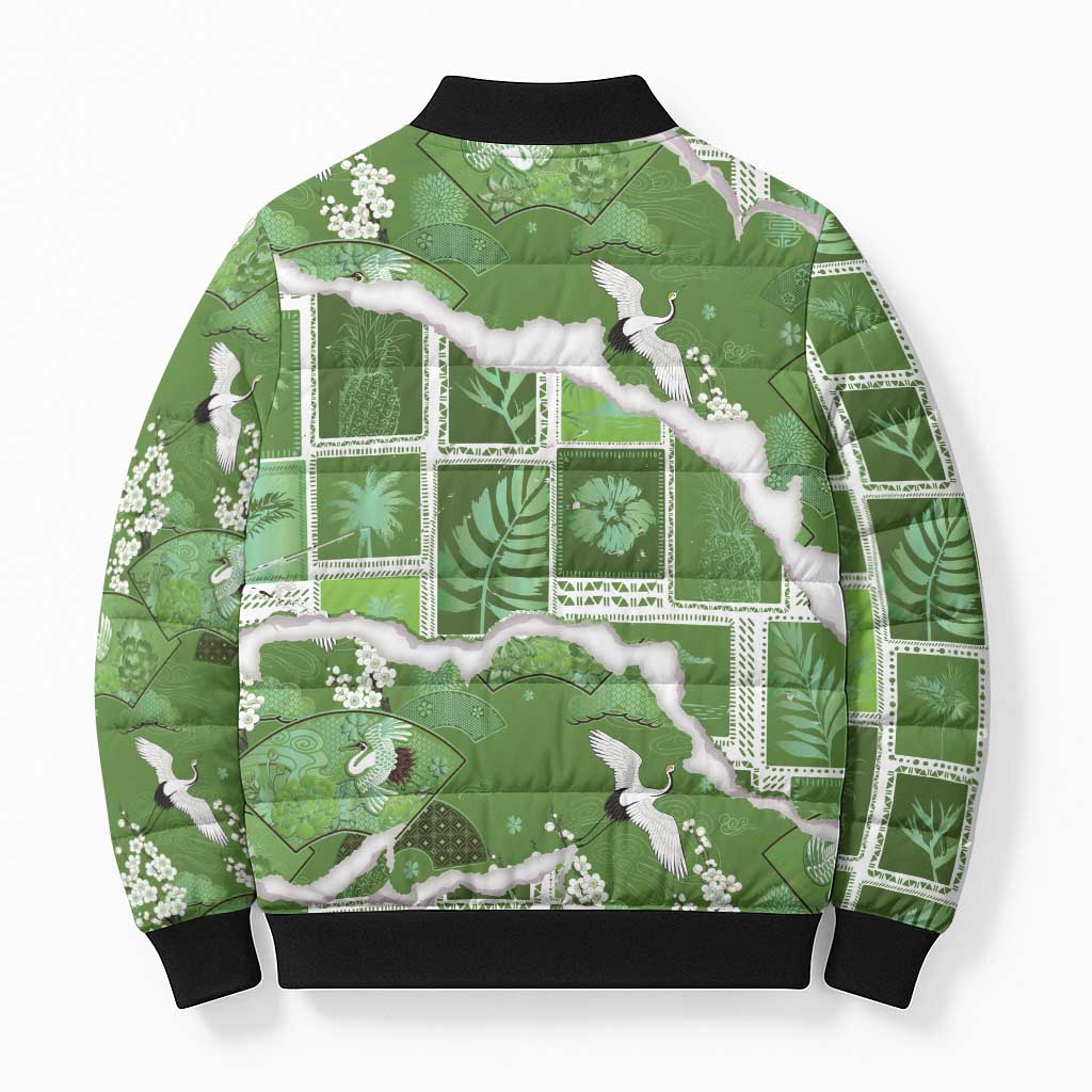 Hawaii Japanese Culture Sage Green Bomber Puffer Jacket Spring Cranes Aloha Pattern