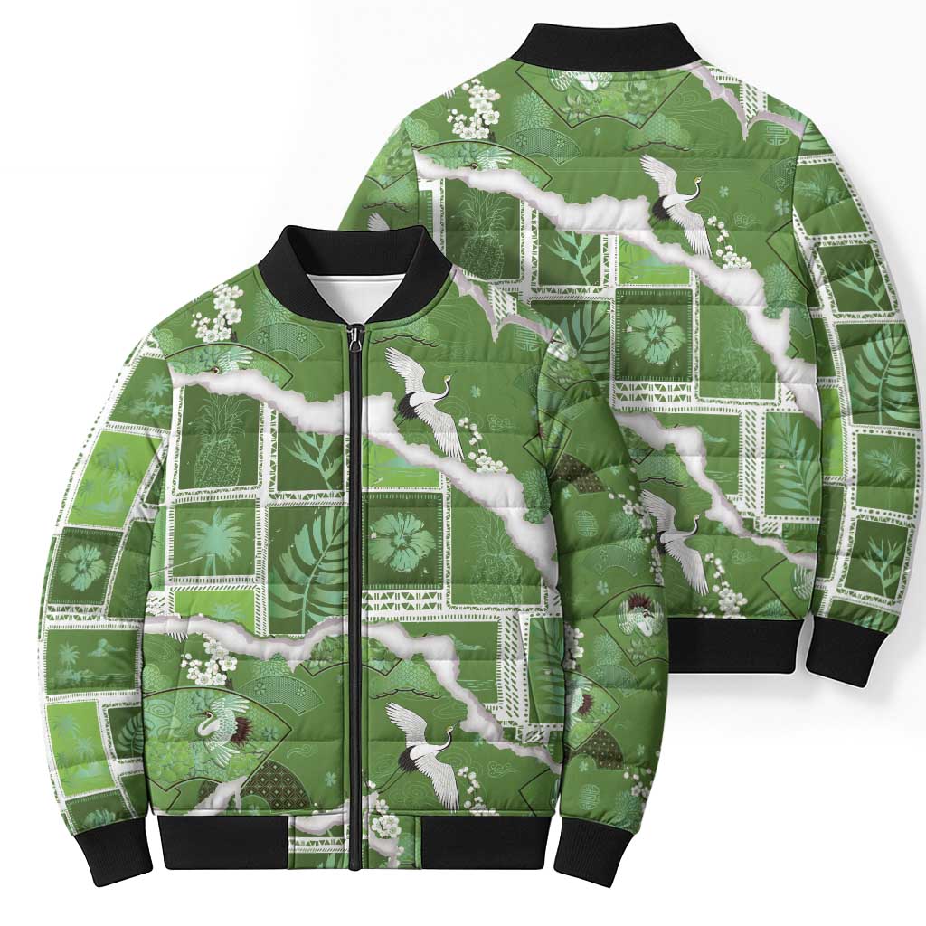 Hawaii Japanese Culture Sage Green Bomber Puffer Jacket Spring Cranes Aloha Pattern