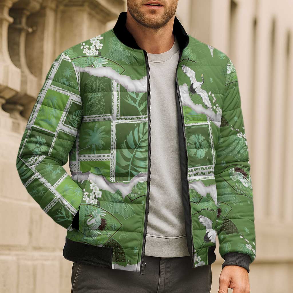 Hawaii Japanese Culture Sage Green Bomber Puffer Jacket Spring Cranes Aloha Pattern