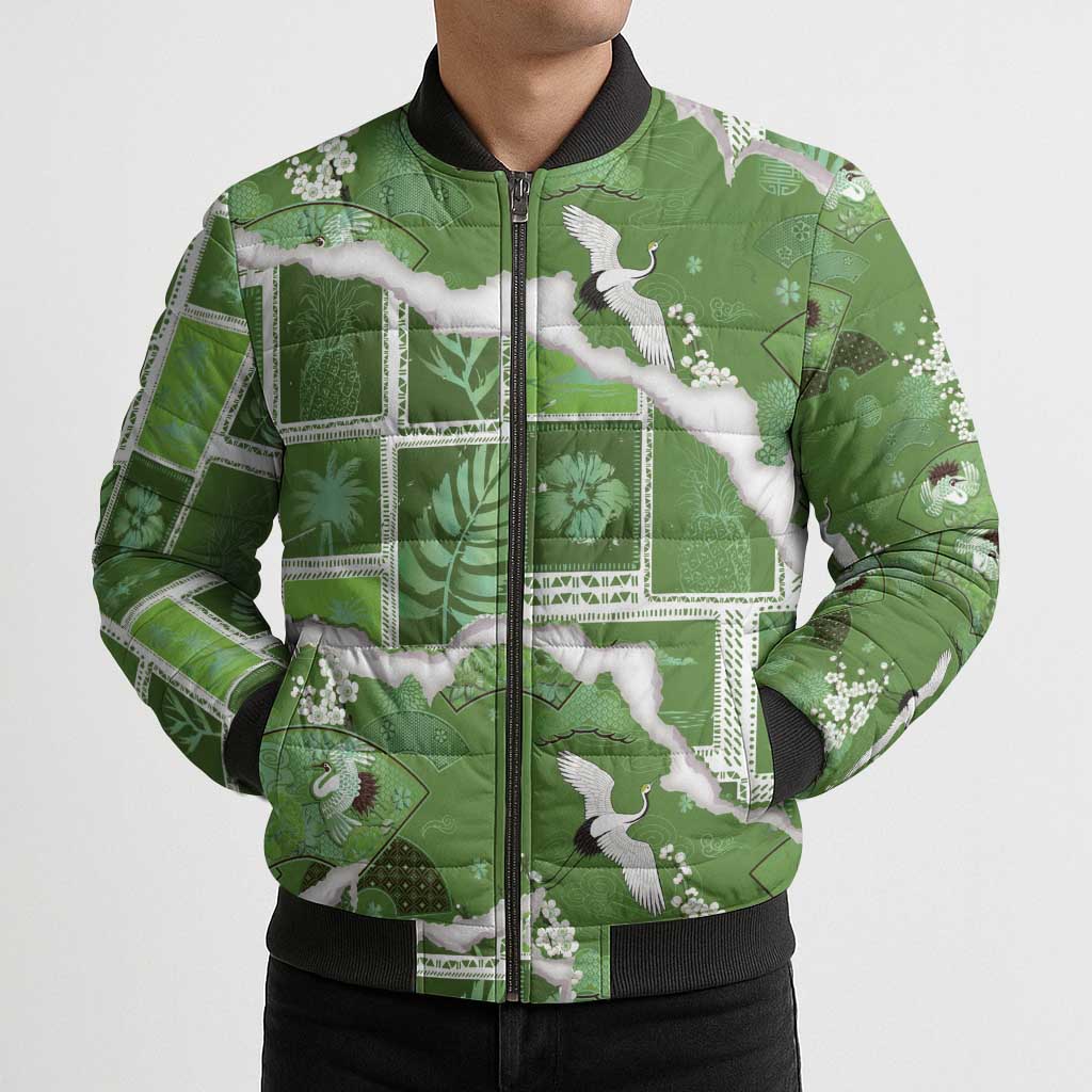 Hawaii Japanese Culture Sage Green Bomber Puffer Jacket Spring Cranes Aloha Pattern