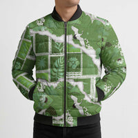 Hawaii Japanese Culture Sage Green Bomber Puffer Jacket Spring Cranes Aloha Pattern