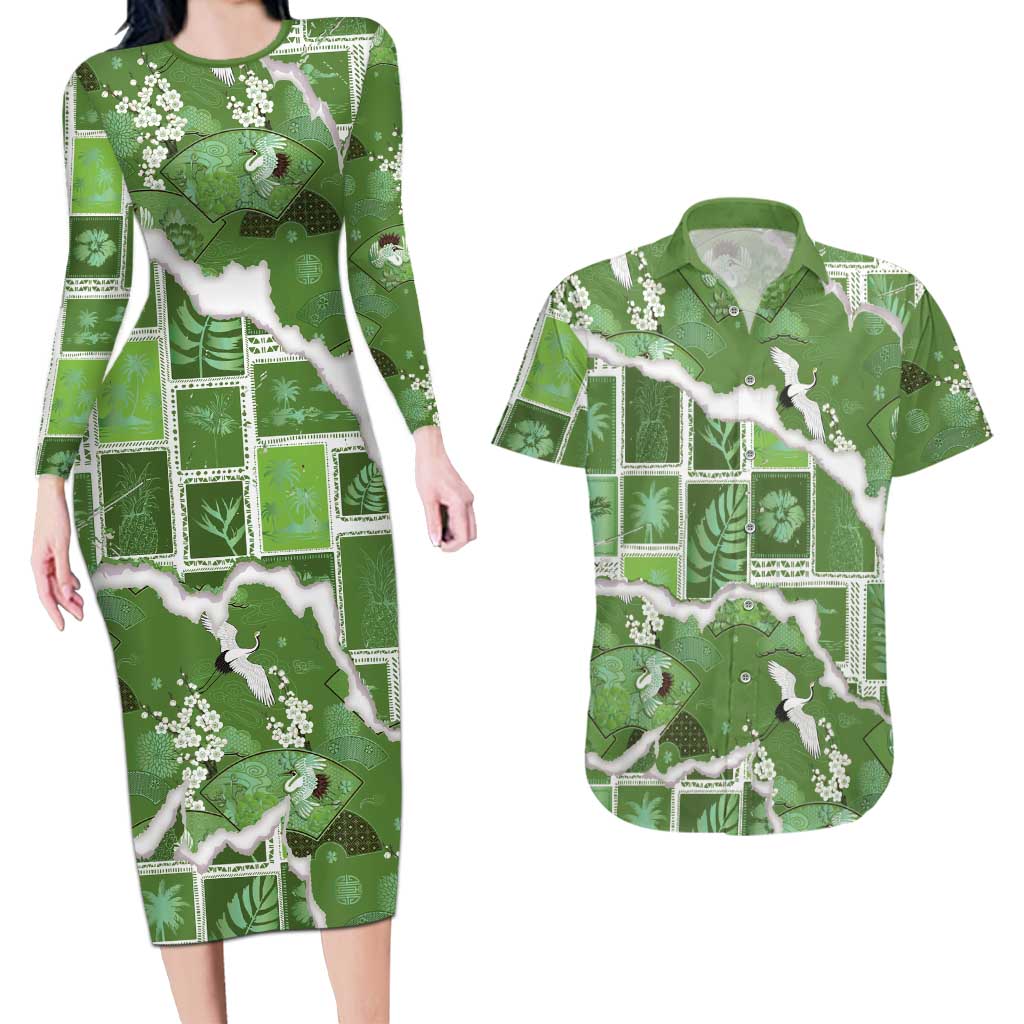 Hawaii Japanese Culture Sage Green Couples Matching Long Sleeve Bodycon Dress and Hawaiian Shirt Spring Cranes Aloha Pattern