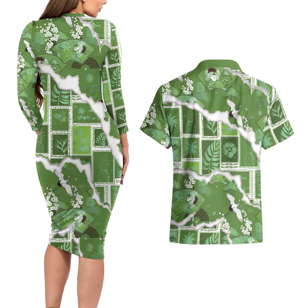 Hawaii Japanese Culture Sage Green Couples Matching Long Sleeve Bodycon Dress and Hawaiian Shirt Spring Cranes Aloha Pattern