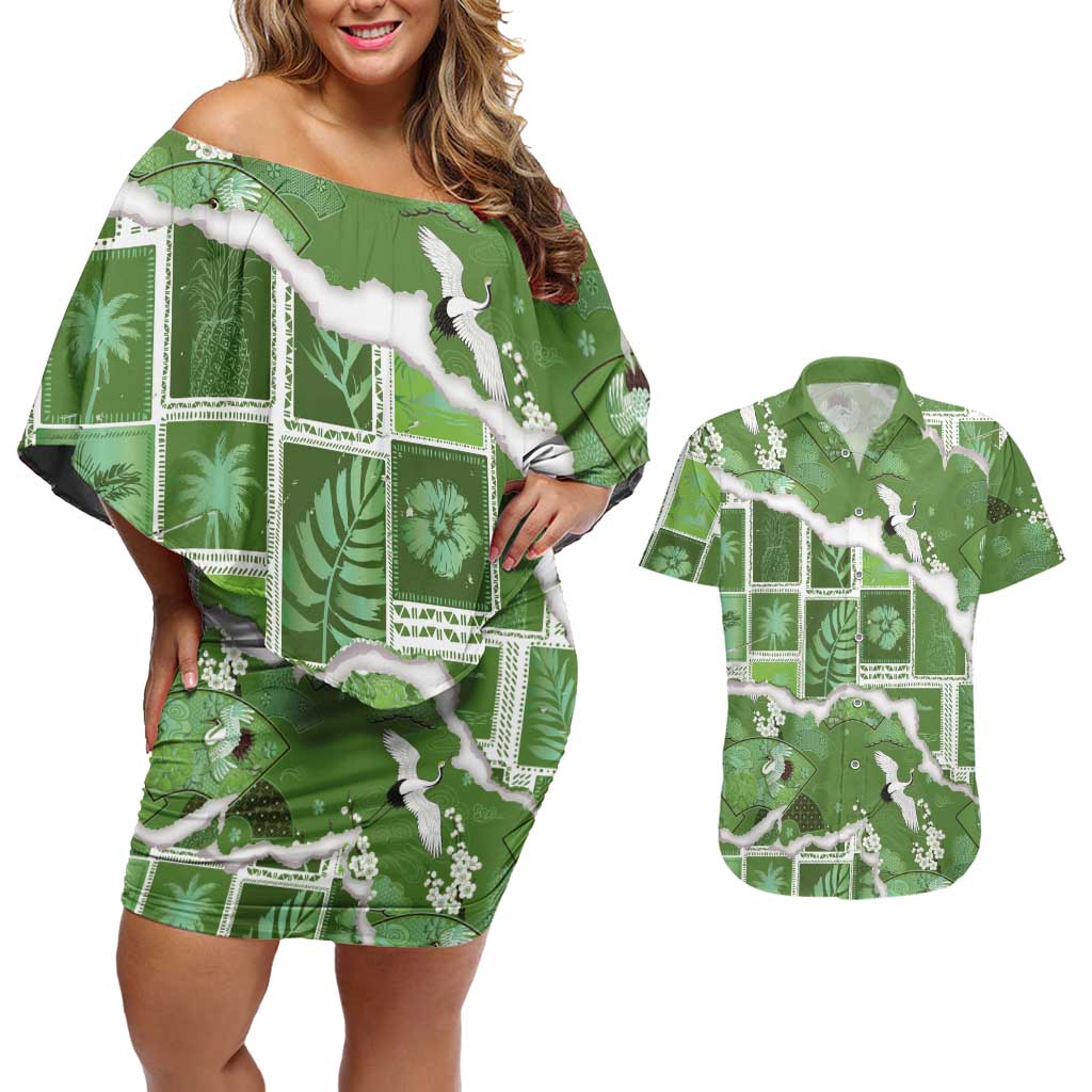Hawaii Japanese Culture Sage Green Couples Matching Off Shoulder Short Dress and Hawaiian Shirt Spring Cranes Aloha Pattern LT01 Sage - Polynesian Pride