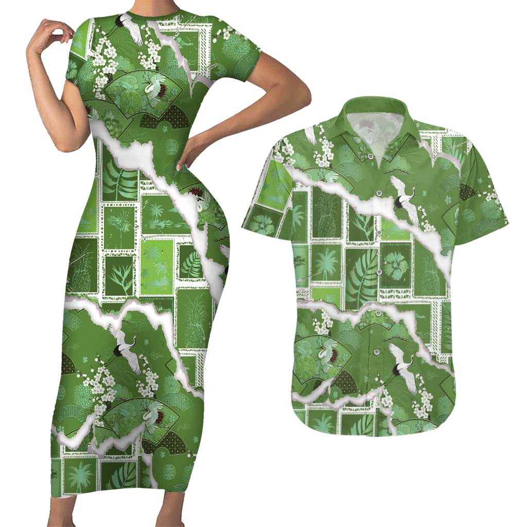 Hawaii Japanese Culture Sage Green Couples Matching Short Sleeve Bodycon Dress and Hawaiian Shirt Spring Cranes Aloha Pattern LT01 Sage - Polynesian Pride